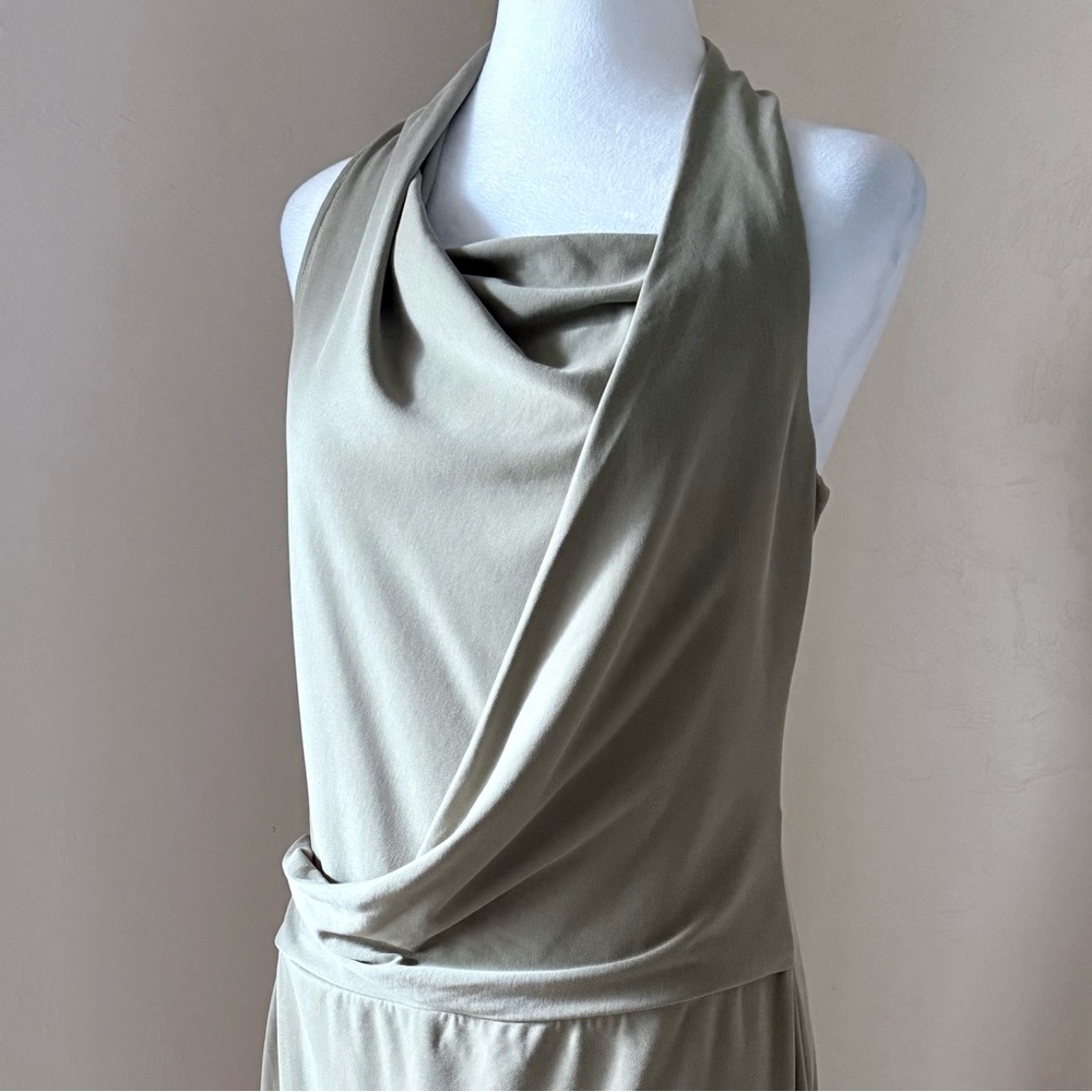 NWT Halston Heritage Asymmetrical Draped Cowl Neck Midi Dress Sage Khaki Green M - Picture 6 of 16